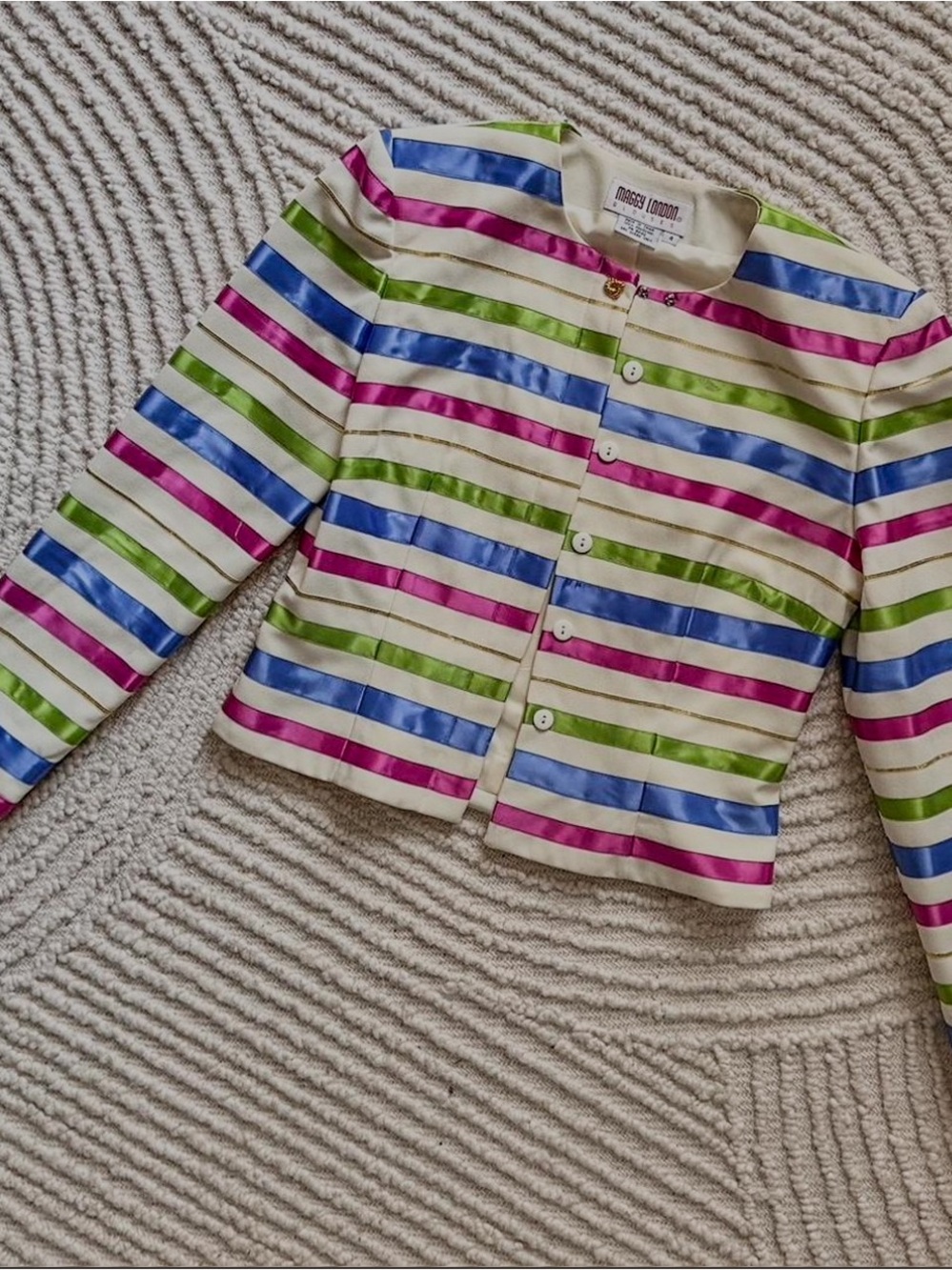 Maggy London Cream Blazer with Pink, Blue & Green Striped Ribbon